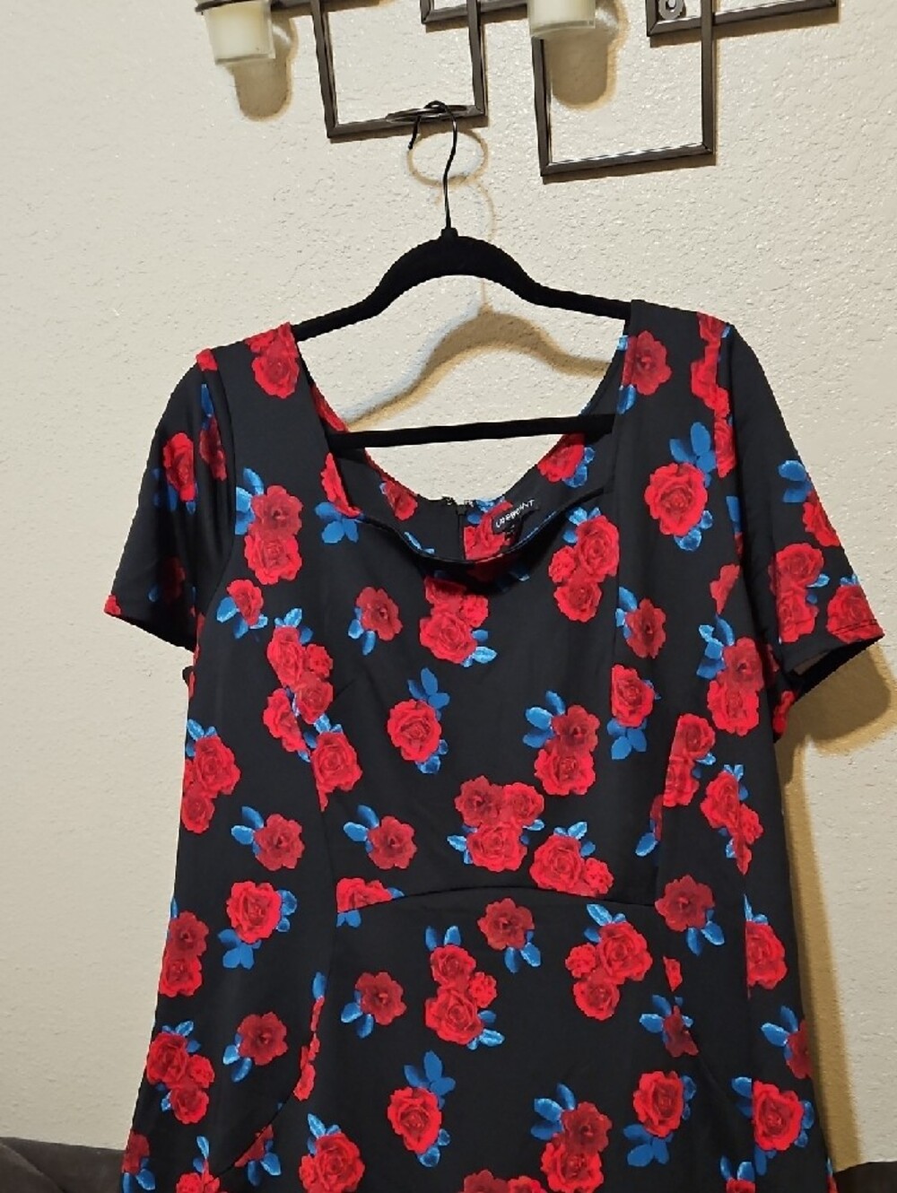 Lane Bryant Black Midi Dress with Red Rose and Blue Leaf Accents - Picture 2 of 10